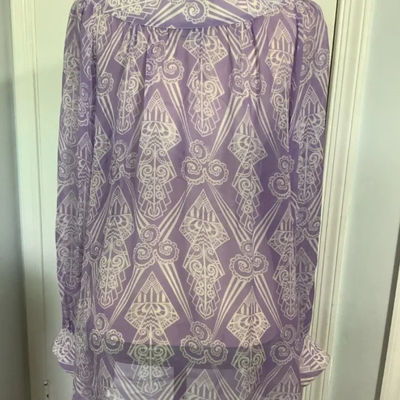 VINTAGE BOB MACKIE WEARABLE ART 100%SILK LILAC MEDIUM BLOUSE RARE ROMAN… - Picture 6 of 11